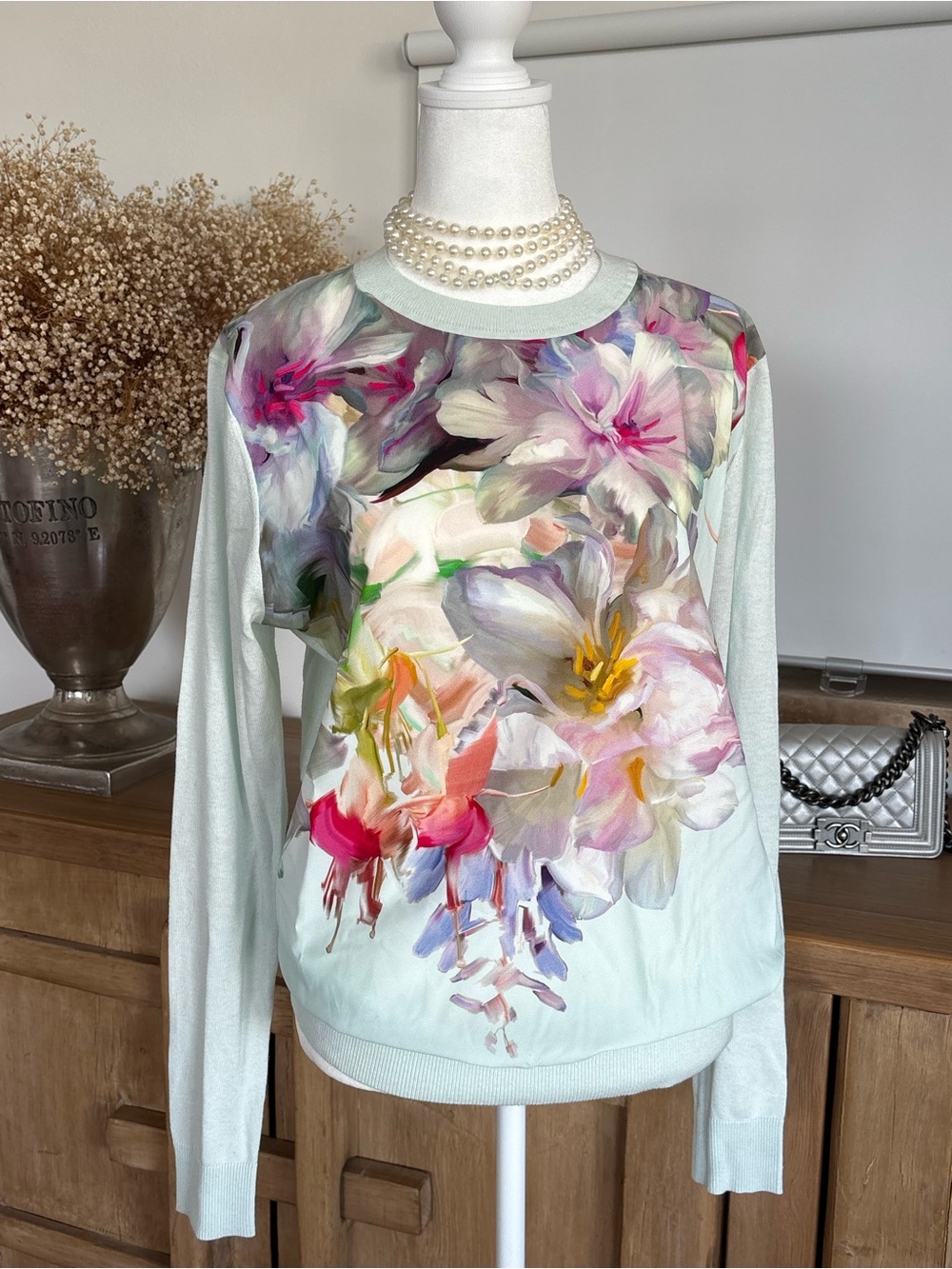 Ted Baker Gertie Hanging Gardens Floral Silk Blend Sweater Mint UK 3 US 8 M 90s - Picture 3 of 15